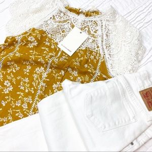 Blushing Heart Lace Mock Neck Mustard Floral Top